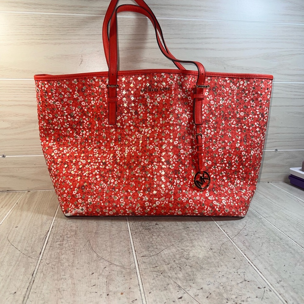 Michael Kors Jet Set Travel Tote Flower Red Used 10.2"x11.8"x4.3"